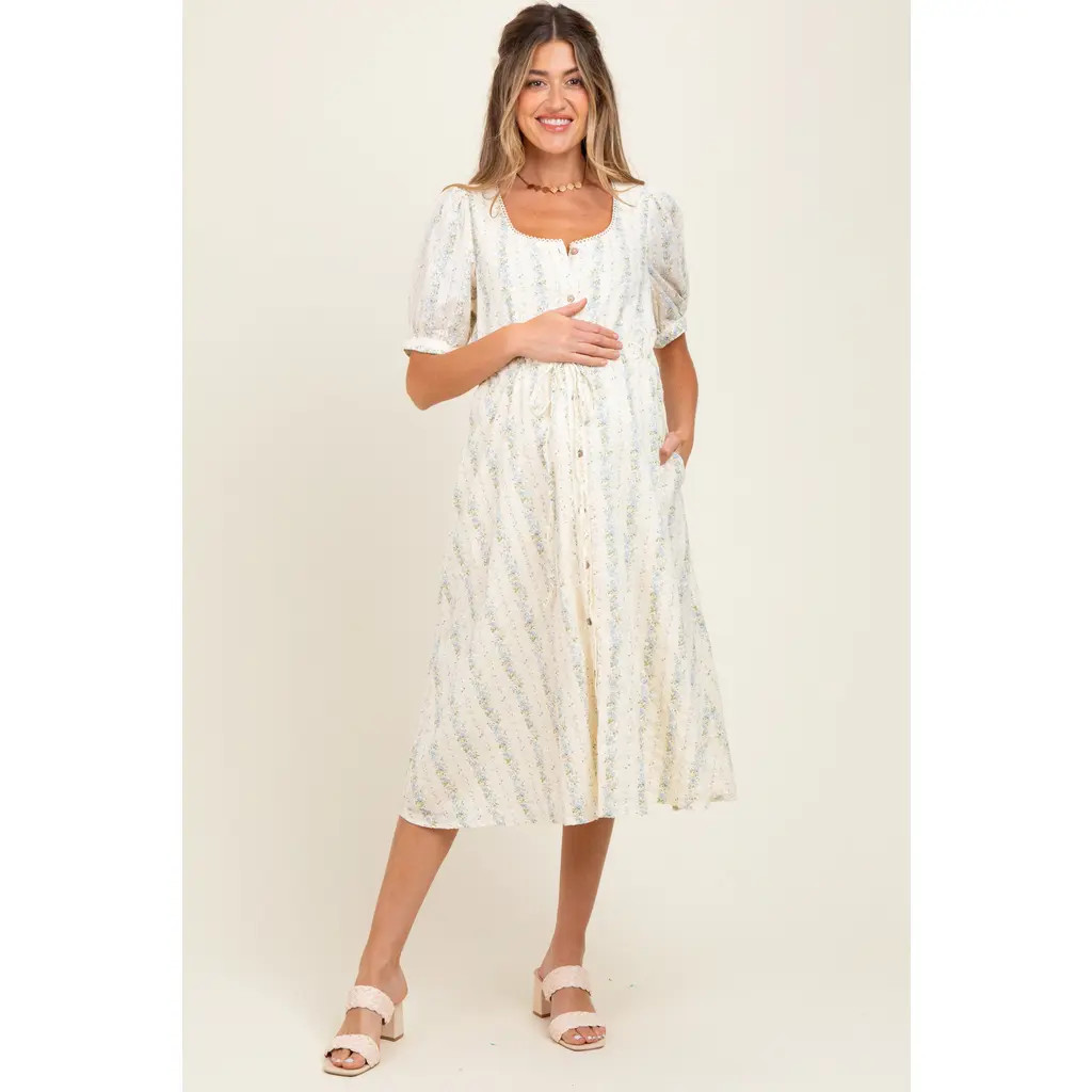 PinkBlush Swiss Dot Floral Print Button Down Midi Dress in Light Blue at Nordstrom, Size Medium | Nordstrom