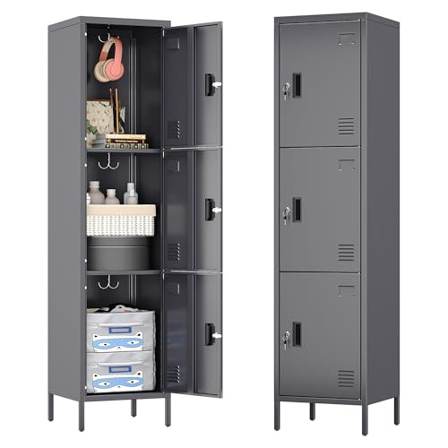 SUPEER Metal Locker with Hooks and Ventilation Holes,Metal Storage Locker with Keys and Business Card Slof for Home,Gym,Garage,School,Office,66" H×15.75" W× 15.75" D,Assembly Required,Dark Grey | Amazon (US)