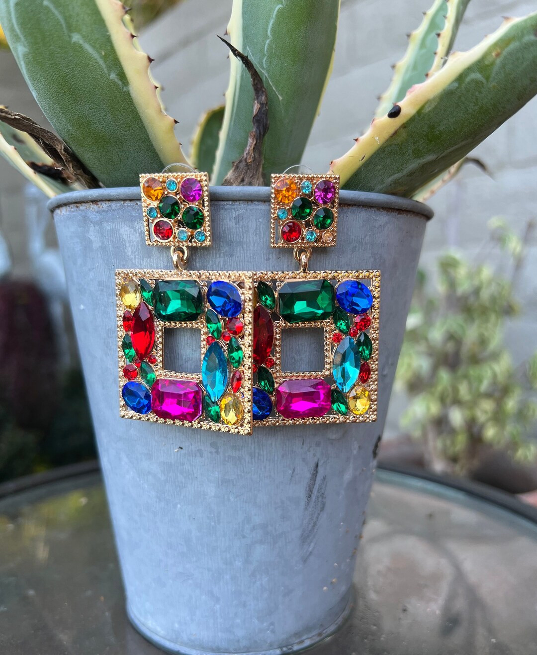 Square Statement Earrings, Rhinestone Earrings, Big Earrings, Fashion Earrings | Etsy (US)