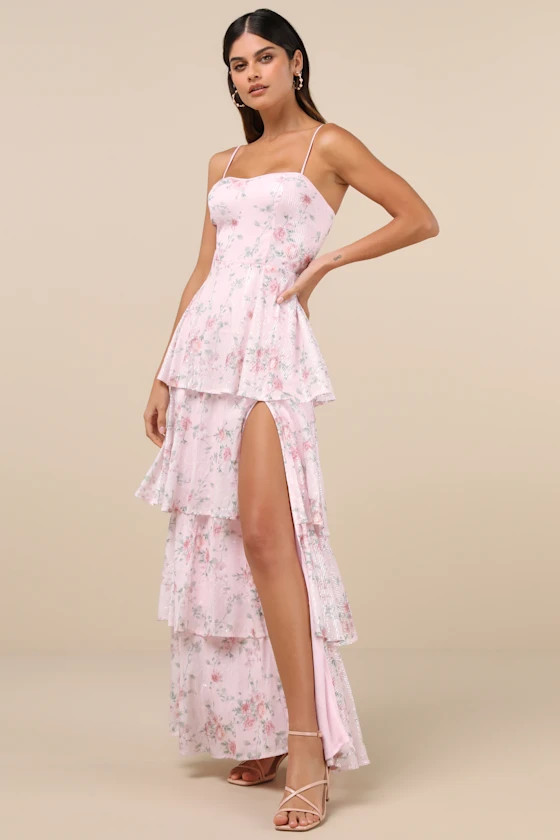 Flourishing Shine Light Pink Floral Sequin Tiered Maxi Dress | Lulus