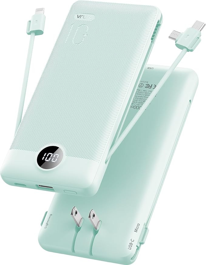 VRURC Portable Charger Built-in Cables and AC Wall Plug, USB C Power Bank 10000mAh, Portable Phon... | Amazon (US)