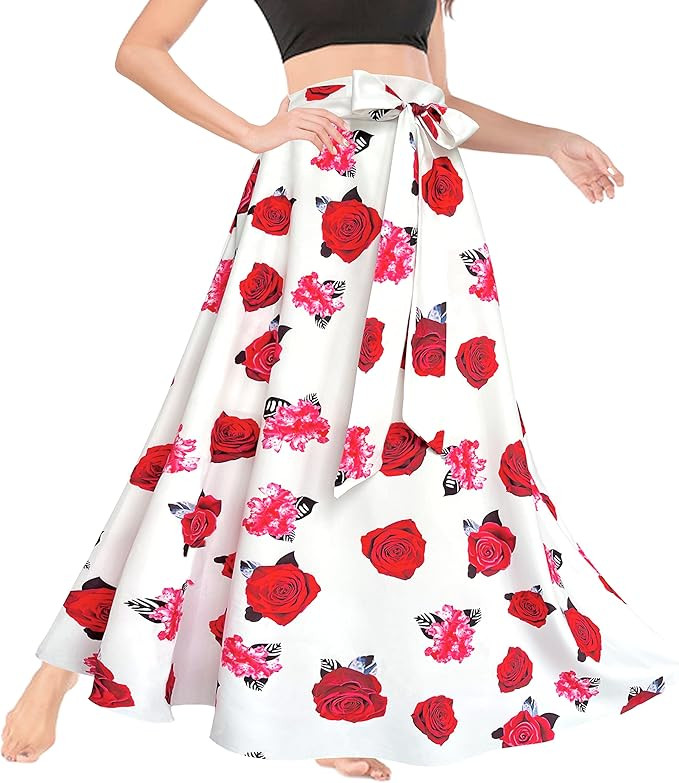 Afibi Women's High Waist Skirt Tie Front A-Line Flowy Long Maxi Skirts with Pockets | Amazon (US)