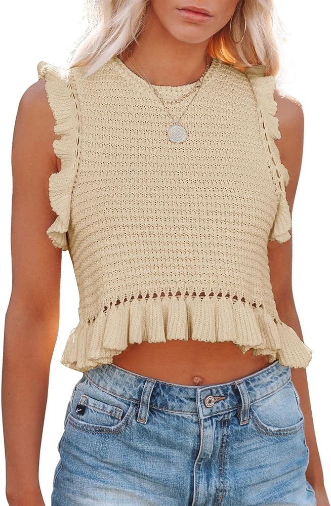 PiePieBuy Women's Summer Knit Tank Tops Crew Neck Sleeveless Cami Shirts Tees Ruffle Sweater Vest | Amazon (US)