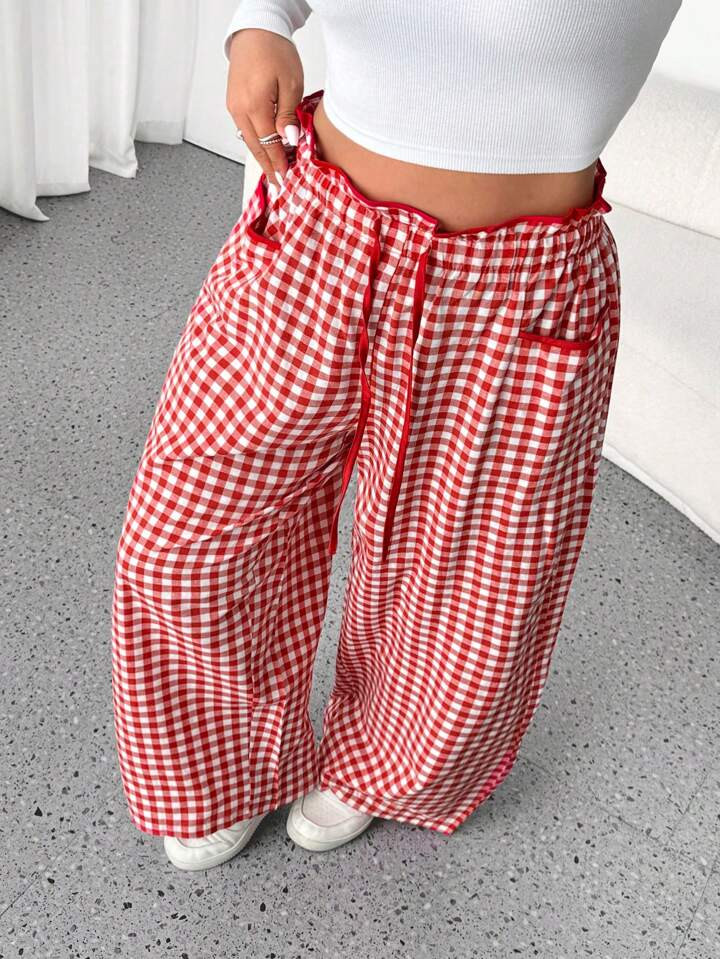 SHEIN CURVE+ Plaid Casual High Waist Slimming Design Niche Straight-Leg Wide-Leg Pants For Plus S... | SHEIN