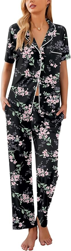 Ekouaer Women Pajamas Set Button Down Sleepwear Short Sleeve Nightwear with Long Pants Soft Pjs S... | Amazon (US)