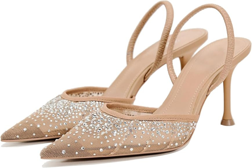 Women's Pointy Toe Slingback Heels Pearl Kitten Heels Sparkly Rhinestone Heeled Sandals Slip On W... | Amazon (US)