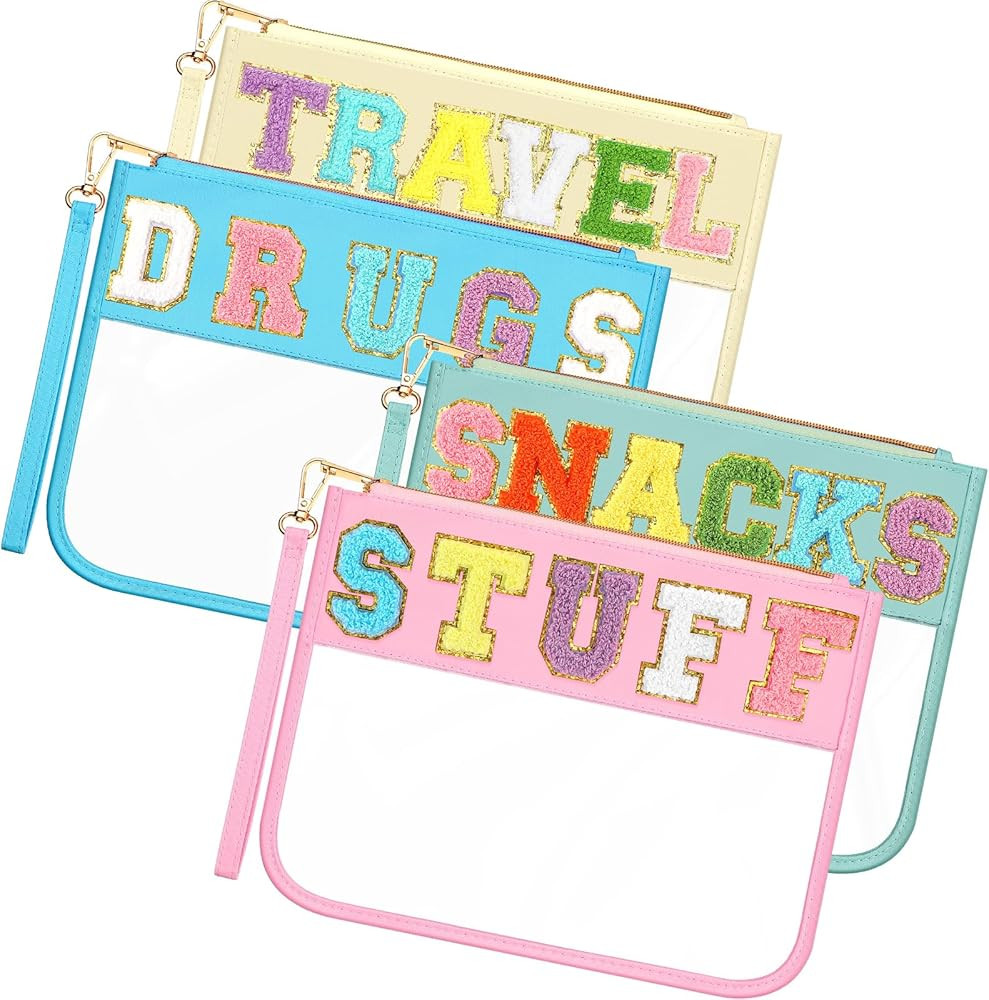 4 Pack Chenille Letter Bag Clear Stoney Clover Dupes Pouch for Cosmetic Makeup Toiletry Monogram ... | Amazon (US)