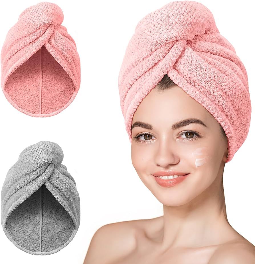 Hicober Microfiber Hair Towel, 2Packs Super Absorbent Hair Wrap Turban, Head Plopping Towels Slee... | Amazon (US)
