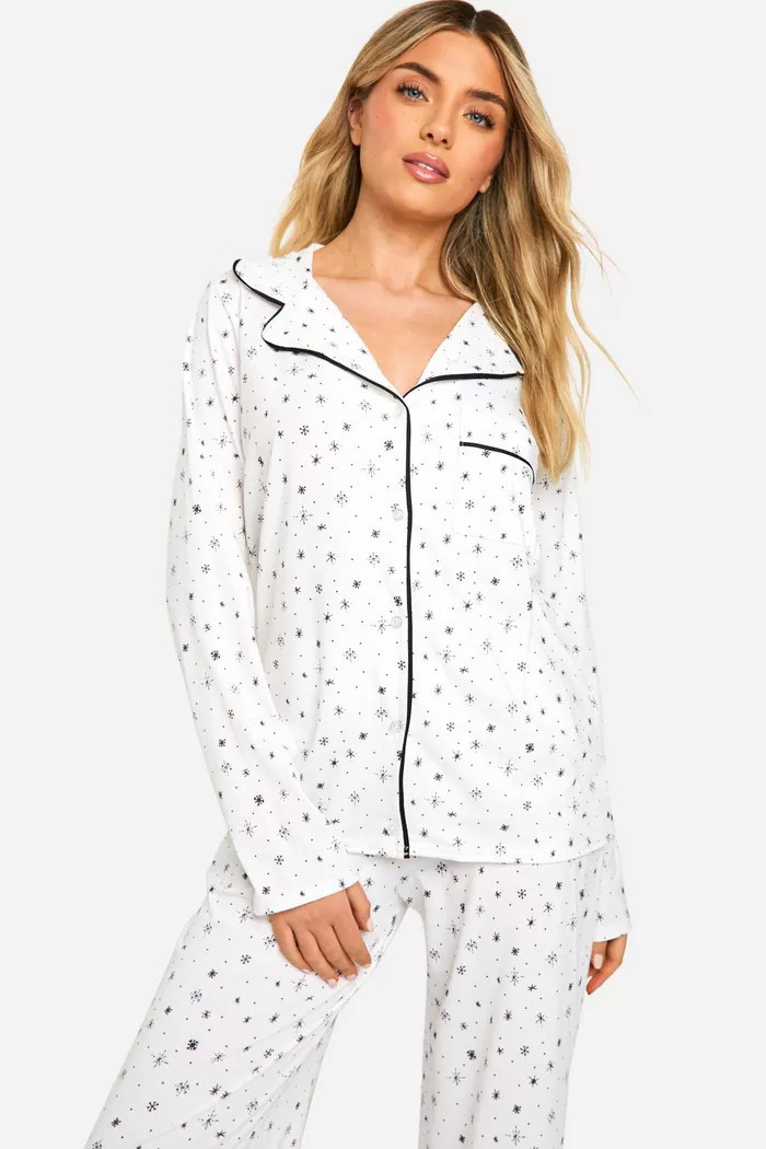 Christmas Soft Touch Star Print Shirt and Trouser Pyjama Set | Boohoo.com (UK & IE)