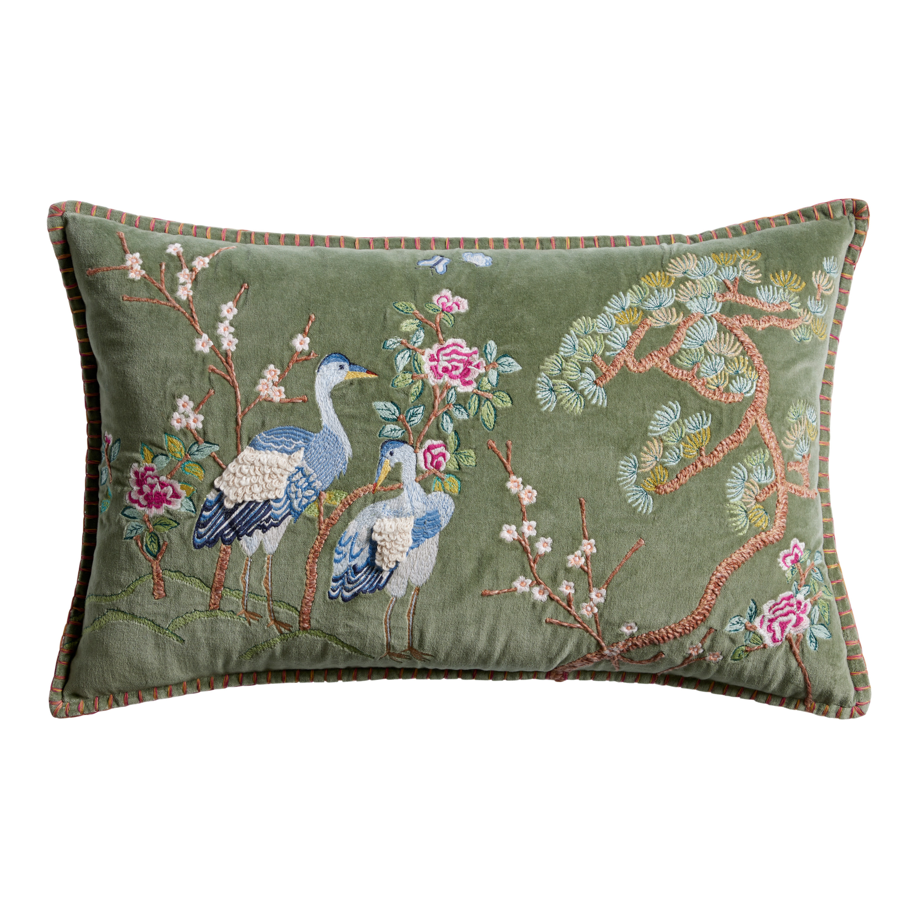 Sage Green Velvet Crane Embroidered Lumbar Pillow | World Market