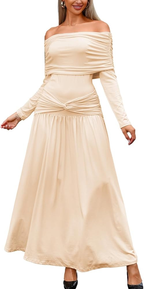 ChiaoLezhee Women's 2026 Spring Off-Shoulder Dress, Floor Length Knot Ruched Scrunch Butt Elegant... | Amazon (US)