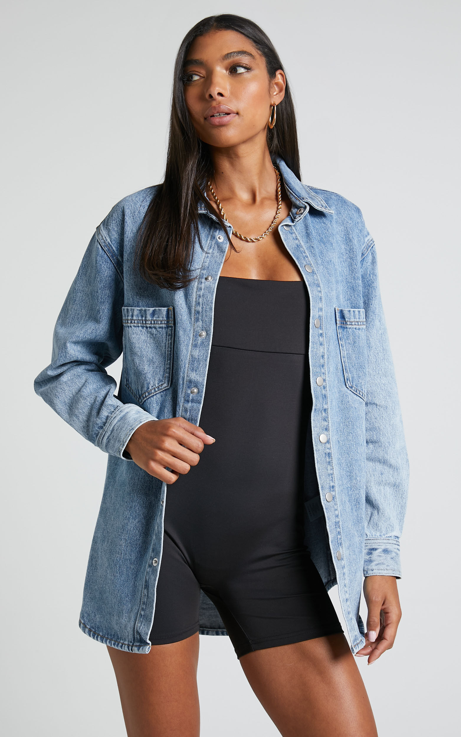 Faharra Shirt - Recycled Cotton Denim Shirt in Mid Blue Acid Wash | Showpo (US, UK & Europe)