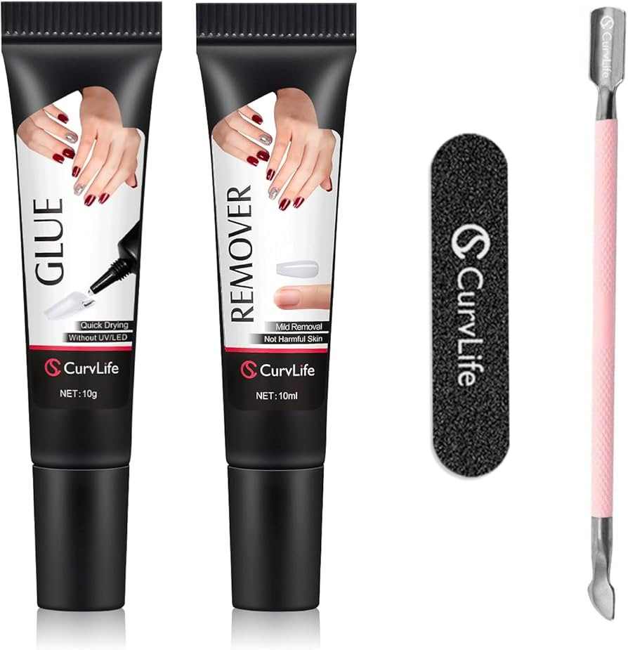 Curvlife Soft Quick Drying 10g Semi Solid Nail Glue with 10ml Remover with Cuticle Pusher Nail Ar... | Amazon (US)