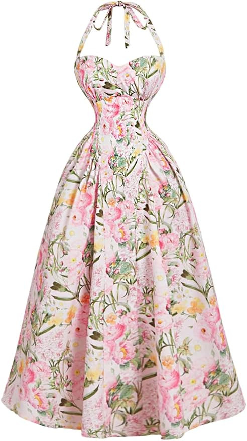 Floerns Women's Floral Halter Dress Sleeveless Tie Backless Vacation Flared Long Dress | Amazon (US)