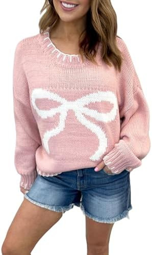 Women Cute Bow Sweater Y2k Long Sleeve Crew Neck Knit Sweaters Aesthetic Pullover Top | Amazon (US)