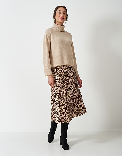 Rowen Satin Slip Midi Skirt in Brown Leopard Print | Crew Clothing (UK)