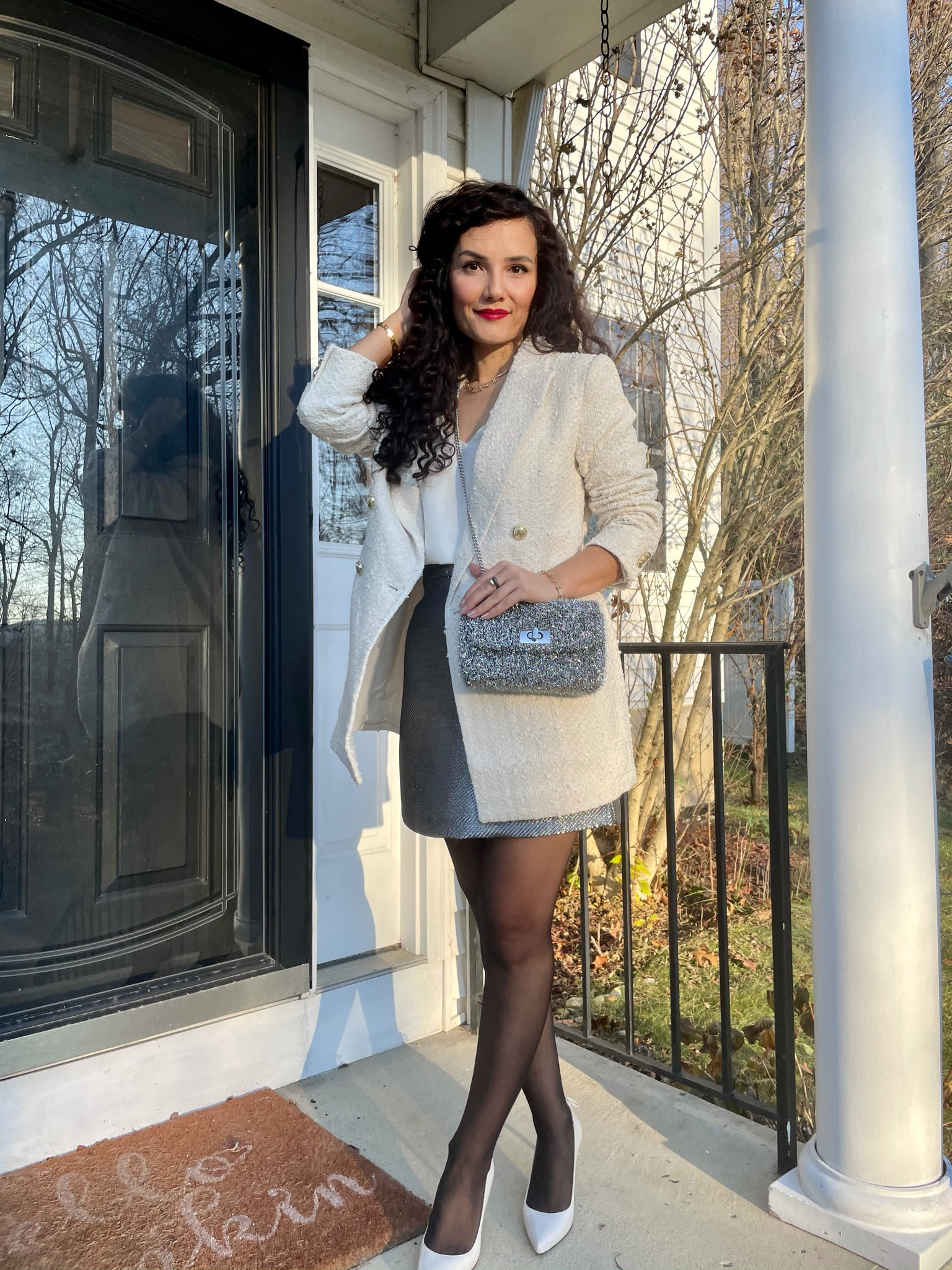 Holiday outfit with tweed blazer and skirt
Blazer size S true to size
Skirt size 4 runs slightly big

#LTKsalealert #LTKHoliday #LTKunder100