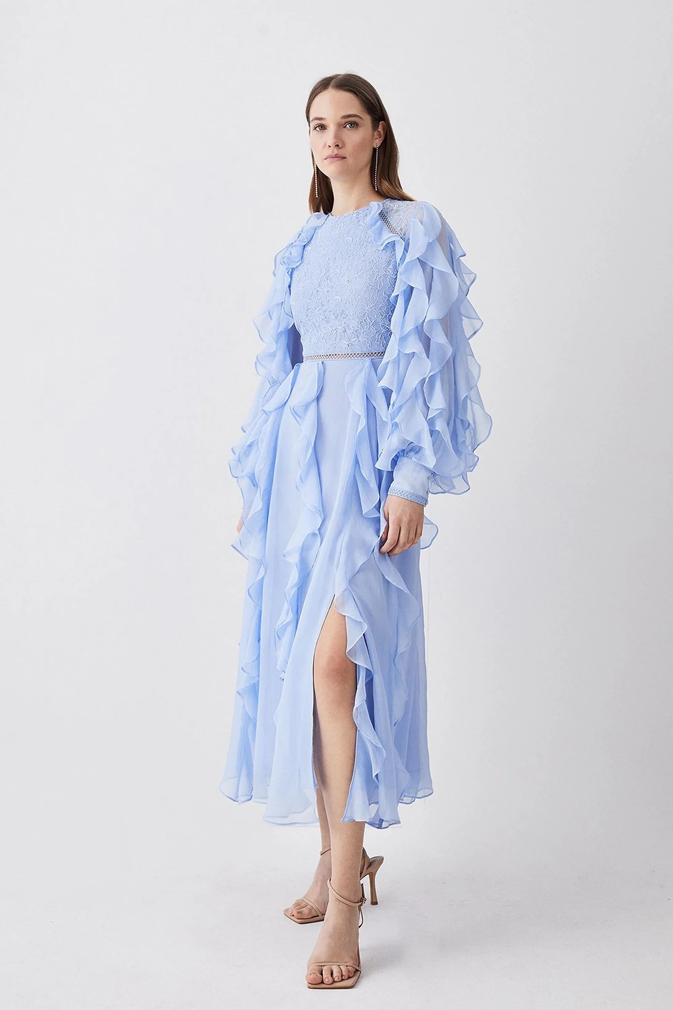 Frill Lace Trim Woven Maxi Dress | Karen Millen UK + IE + DE + NL