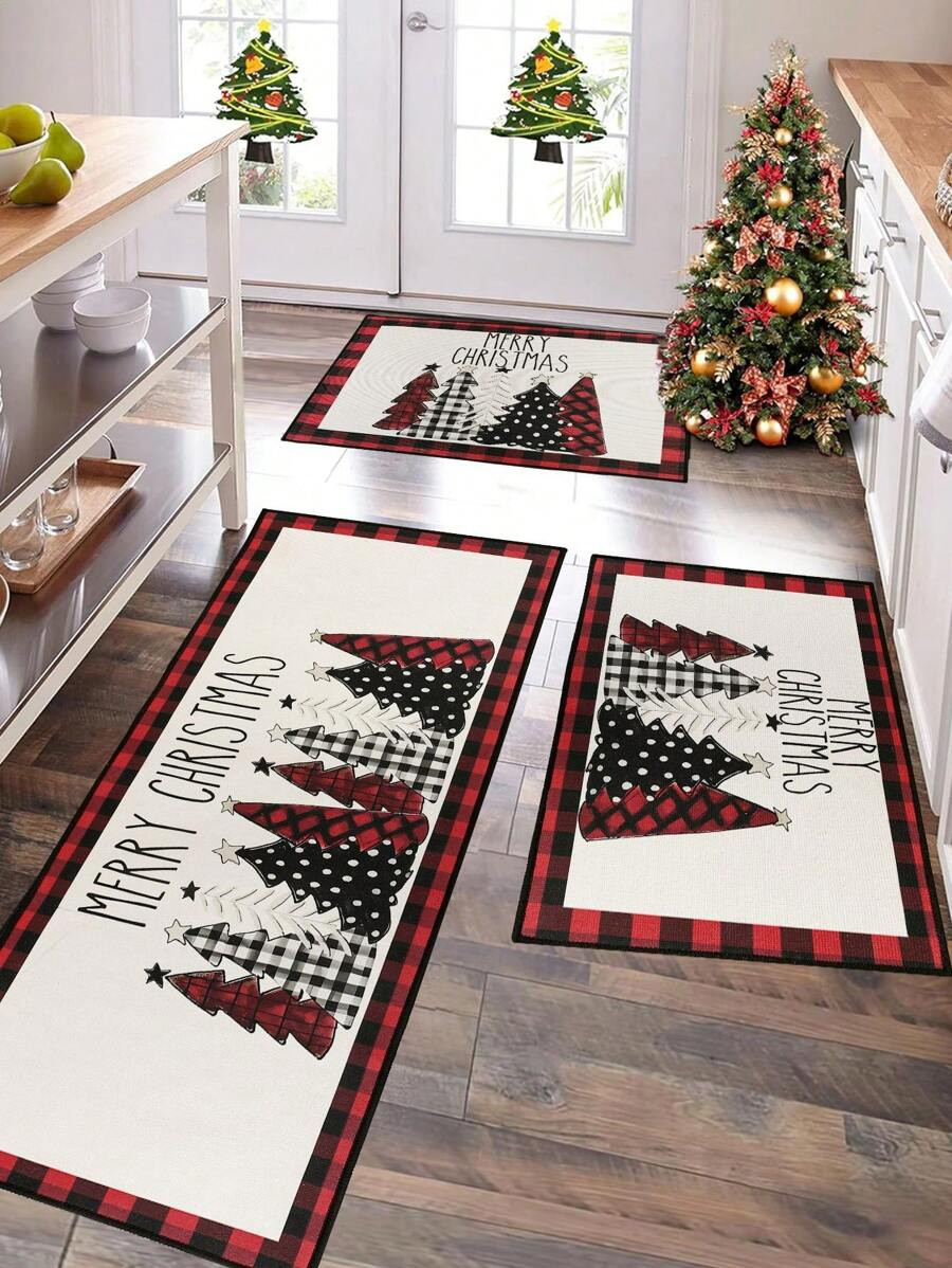 Christmas Kitchen Mat, Merry Christmas Elk Winter Snowflake Red Buffalo Check Plaid Non Slip Thic... | SHEIN