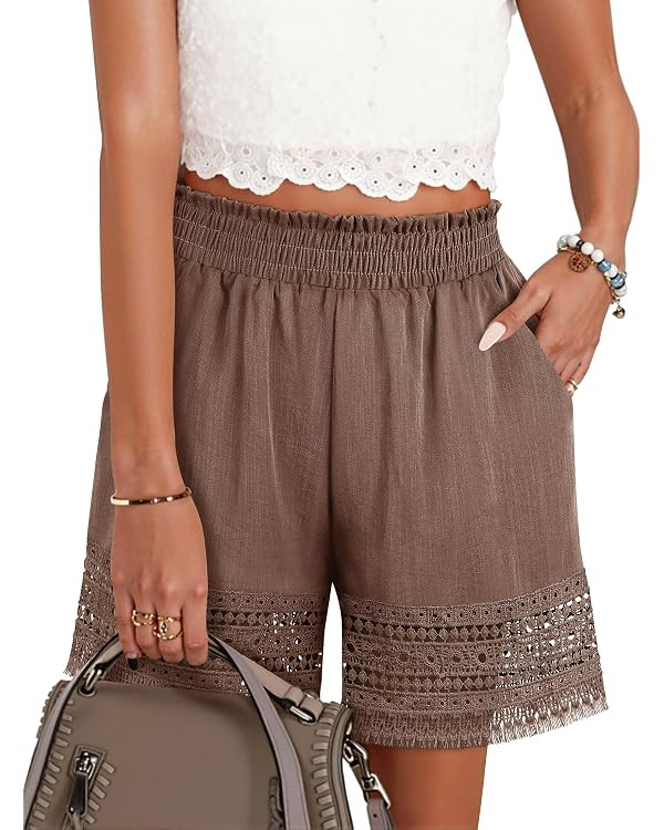 Women's Casual Elastic Waist Lounge Shorts Comfy Stretch Lace Trim Summer Beach Linen Ruffle Shor... | Amazon (US)