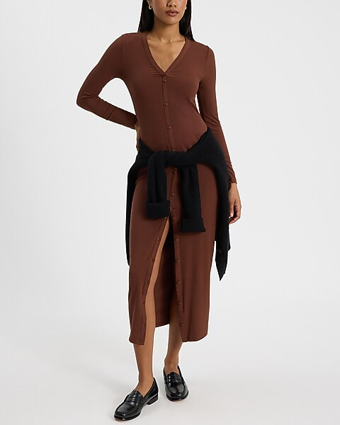 Ribbed Knit Long Sleeve Button Down Midi Dress | Express