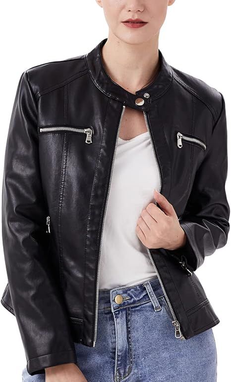 WULFUL Women's Faux Leather Jackets Motorcycle Zipper Biker Short Coat Jacket | Amazon (US)