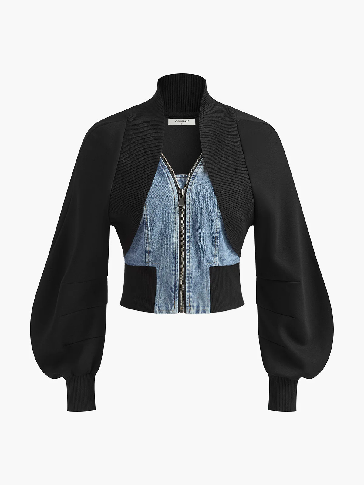 Puff-Sleeve Denim Panel Slim Jacket | Commense