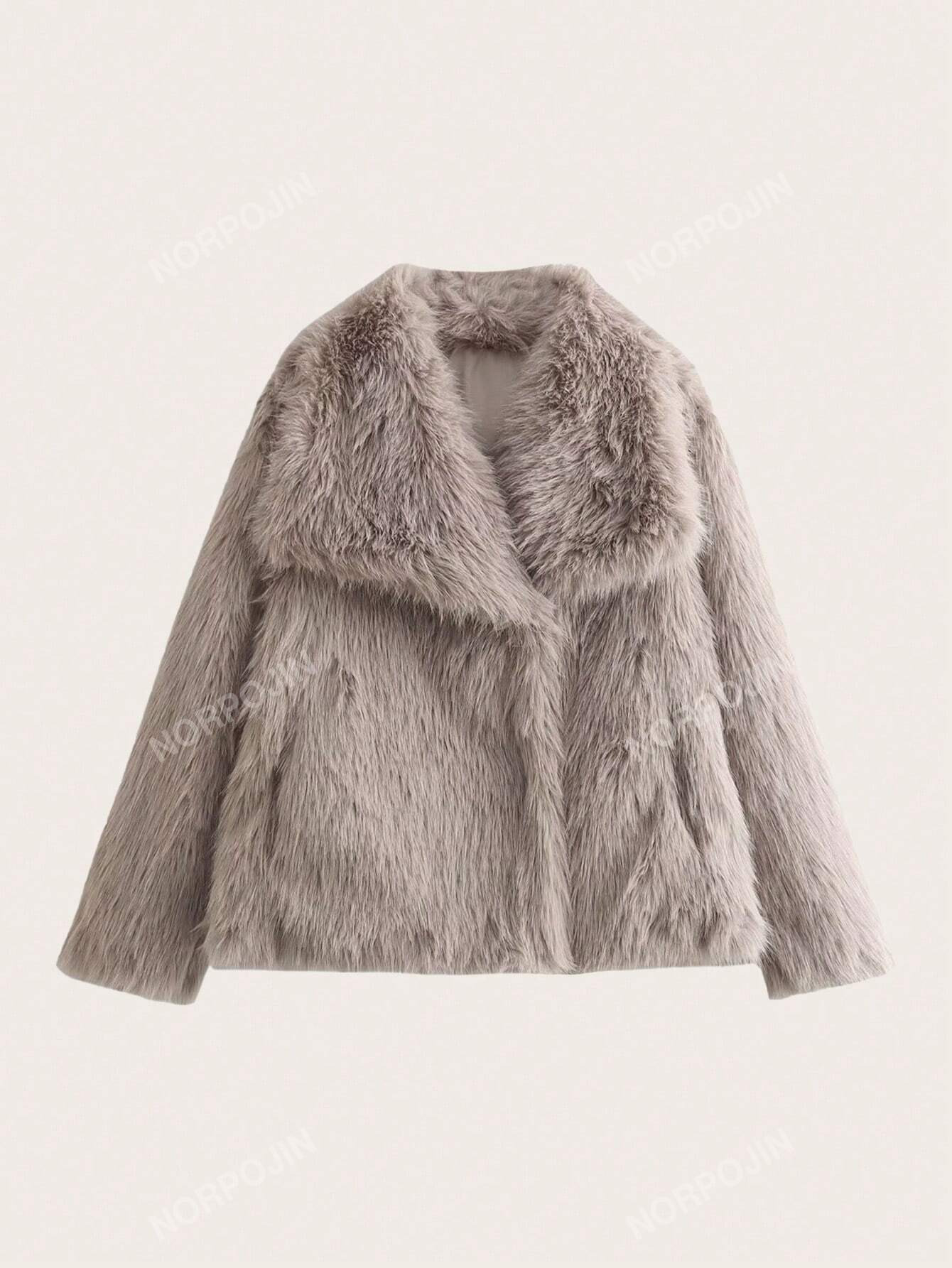 Solid Color Faux Fur Collar Coat | SHEIN