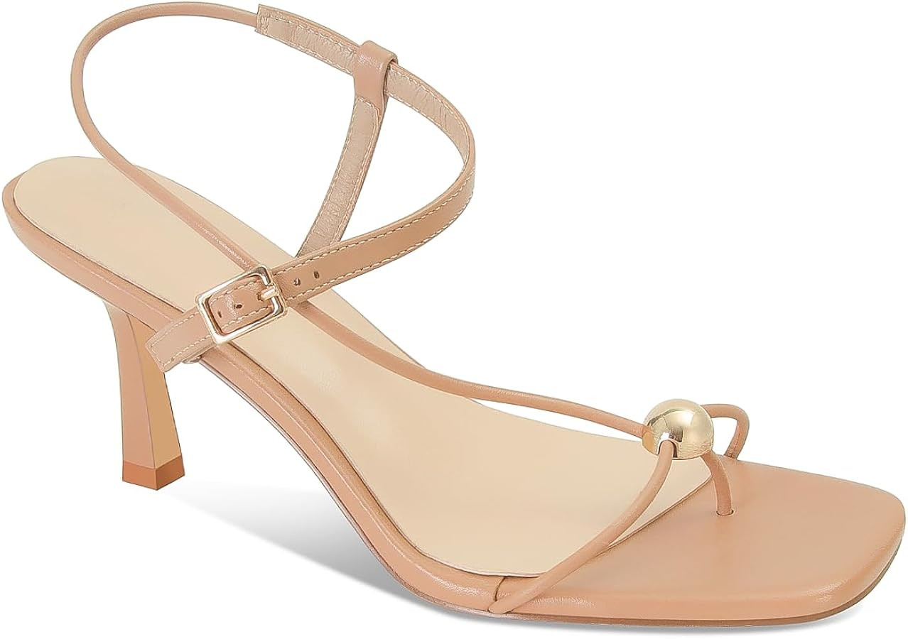 Strappy Heels for Women Square Toe Slingback Mid-Heel Sandals Dressy Beach Thong Flip Flop Slides... | Amazon (US)