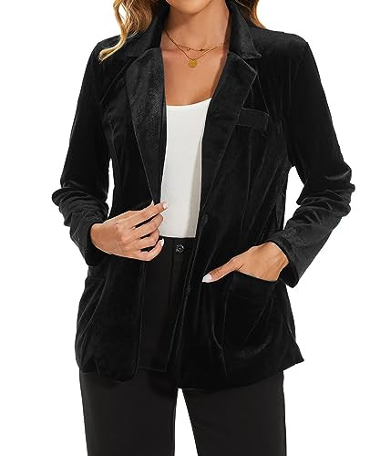 MINTLIMIT Velvet Jackets Blazer Suit for Women Notched Lapel Casual Formal Button Down Jacket Suits Long Sleeve Blazer with Pockets Outerwear, L, Black | Amazon (US)