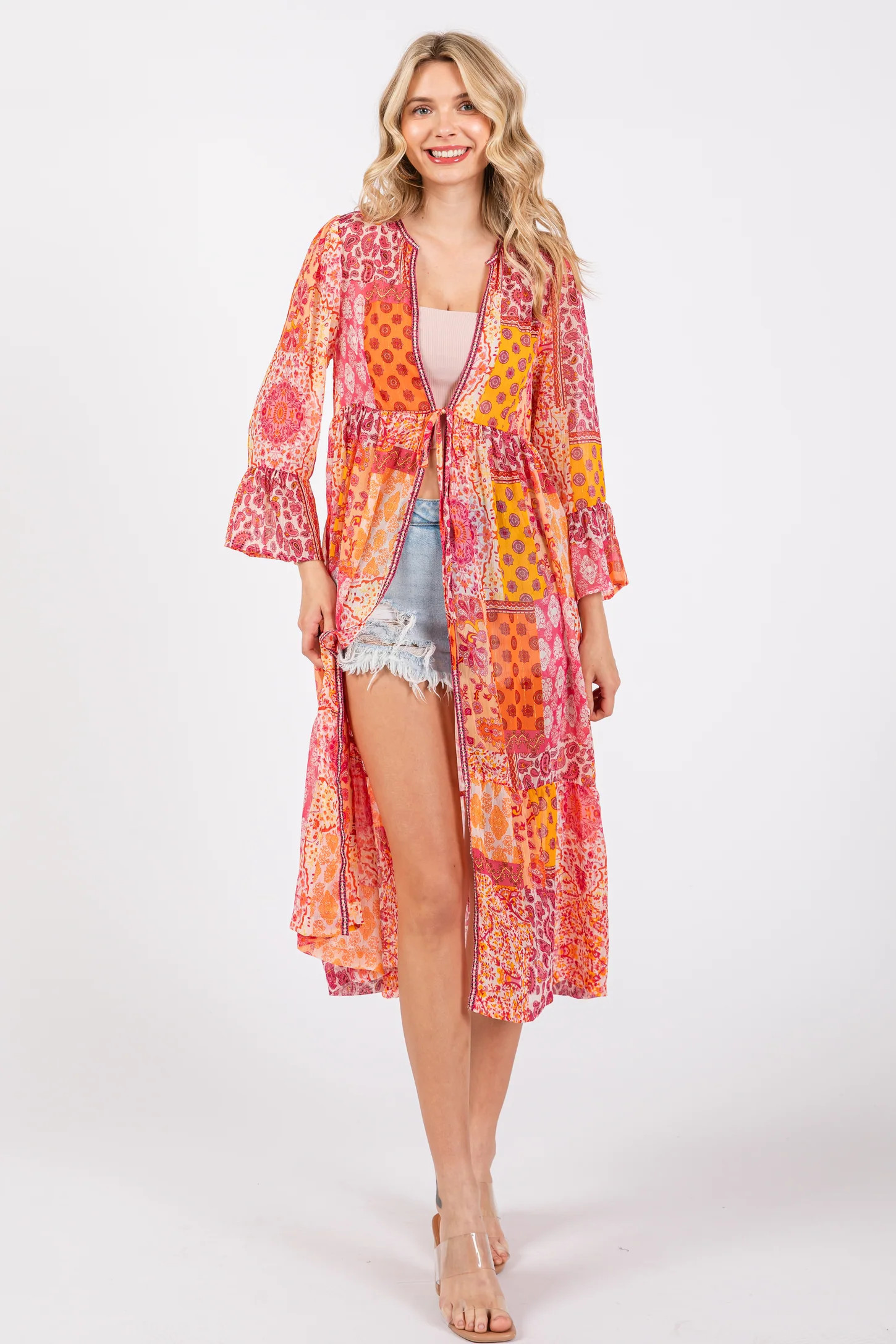 Pink Floral Paisley Metallic Striped Tie Front Cover Up | PinkBlush Maternity
