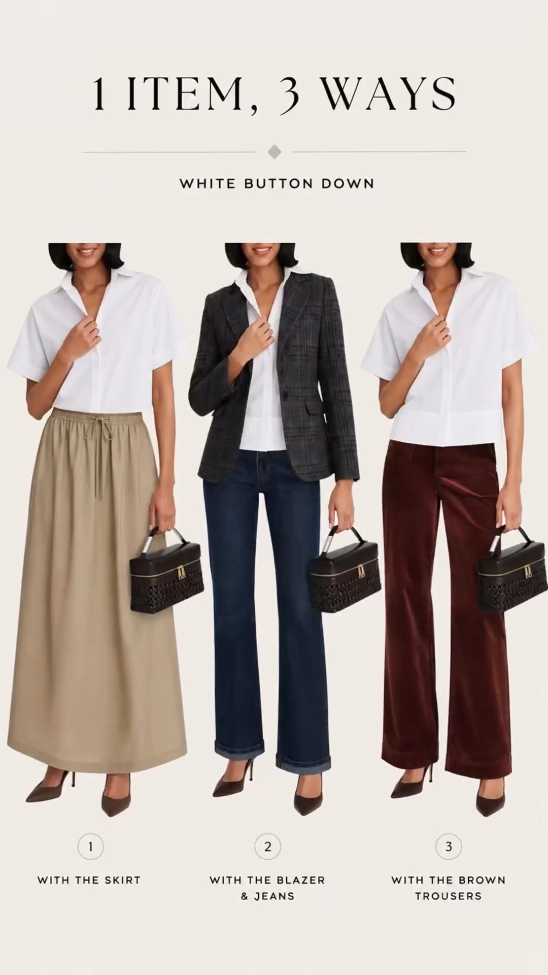 1 Item, 3 Ways | The White Button Down 🤍

A crisp white button down is one of those pieces that earns its place in your wardrobe because it can completely change depending on what you pair it with.

This week, I styled mine three ways:

1. With a long neutral skirt for an easy, polished look
2. With dark denim + a tailored plaid blazer
3. With rich brown trousers for a tonal fall look

I kept the same chocolate brown heels and woven bag with all three—a good reminder that you don’t need a different accessory for every outfit.

The goal isn’t more clothes. It’s finding pieces that give you more ways to get dressed.

Which would you wear: 1, 2 or 3?

#LTKootd #LTKPetite #LTKOver40
