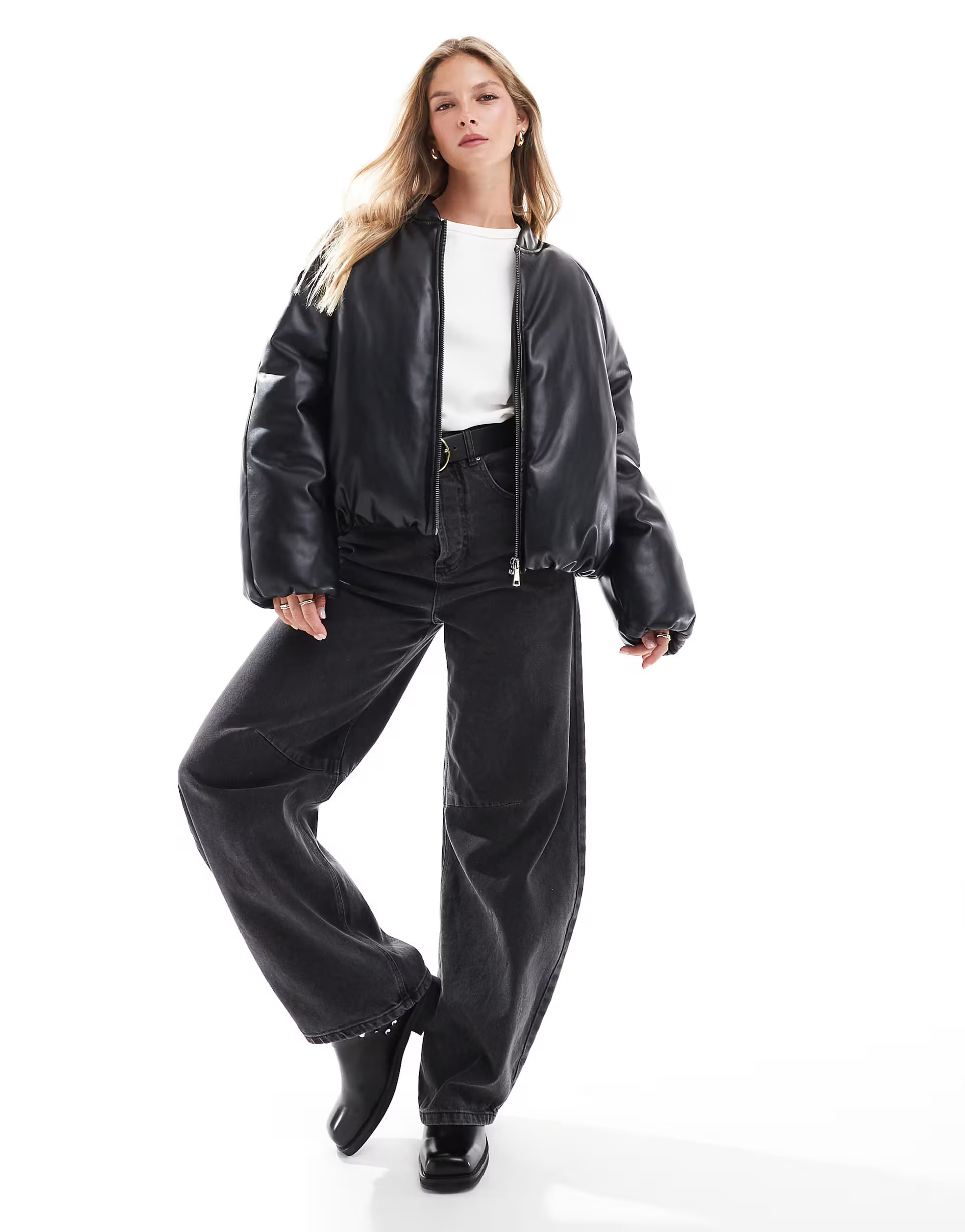 ASOS DESIGN leather look padded bomber jacket with bubble hem in black | ASOS (Global)