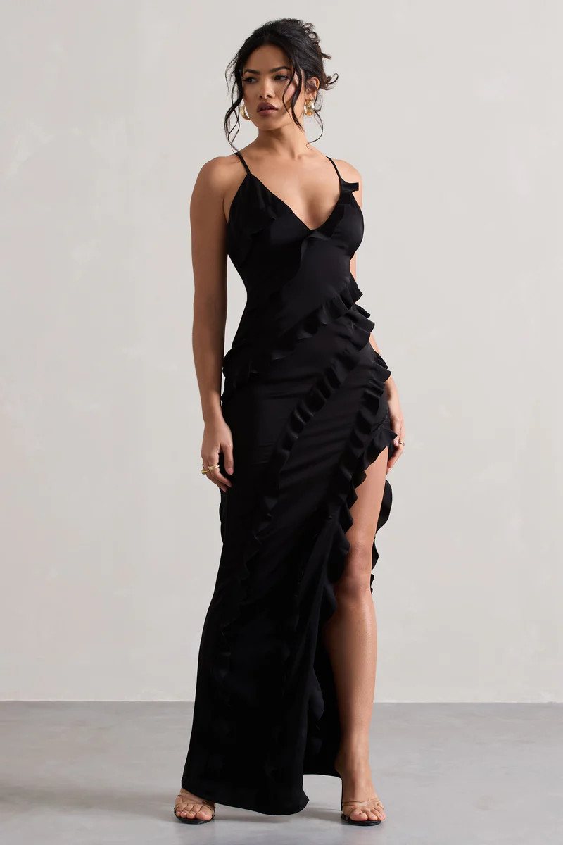 Run The World | Black Sweetheart Neckline Ruffle Maxi Dress | Club L London