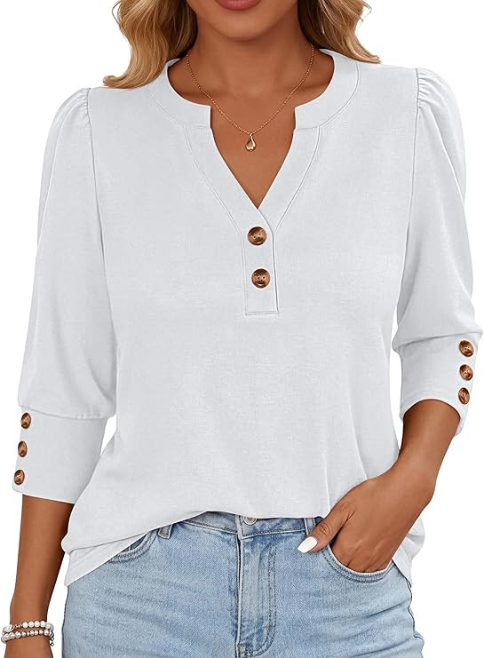 ANRABESS Womens Tops 3/4 Sleeve Casual Henley Shirts V Neck Buttons Dressy Work Business Blouses ... | Amazon (US)