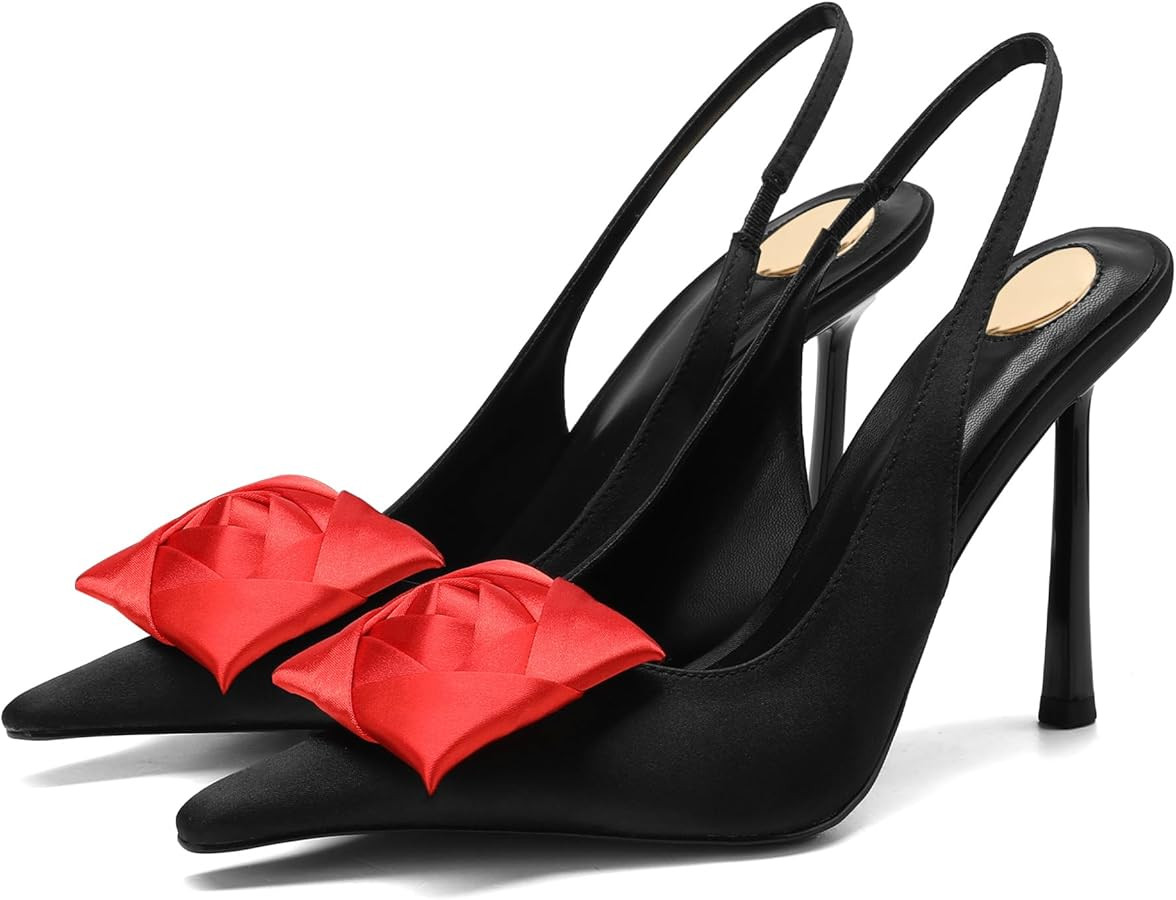 Women's Square Rose Flower Slingback Pumps - Closed Pointed Toe High Heels with Elastic Strap 4.3... | Amazon (US)