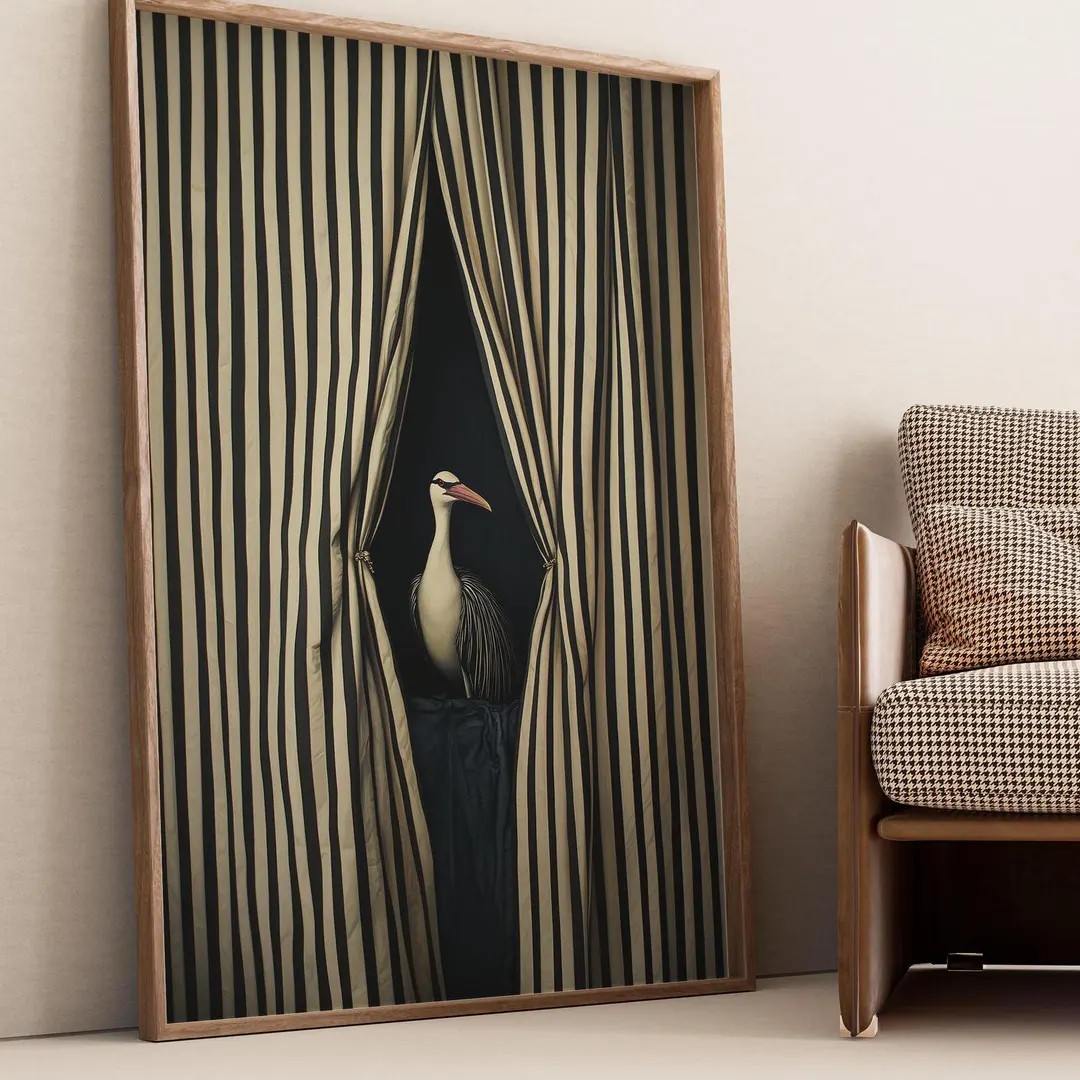 Surreal Bird Wall Art Print, Black and White Striped Curtain Illustration, Modern Abstract Statem... | Etsy (US)