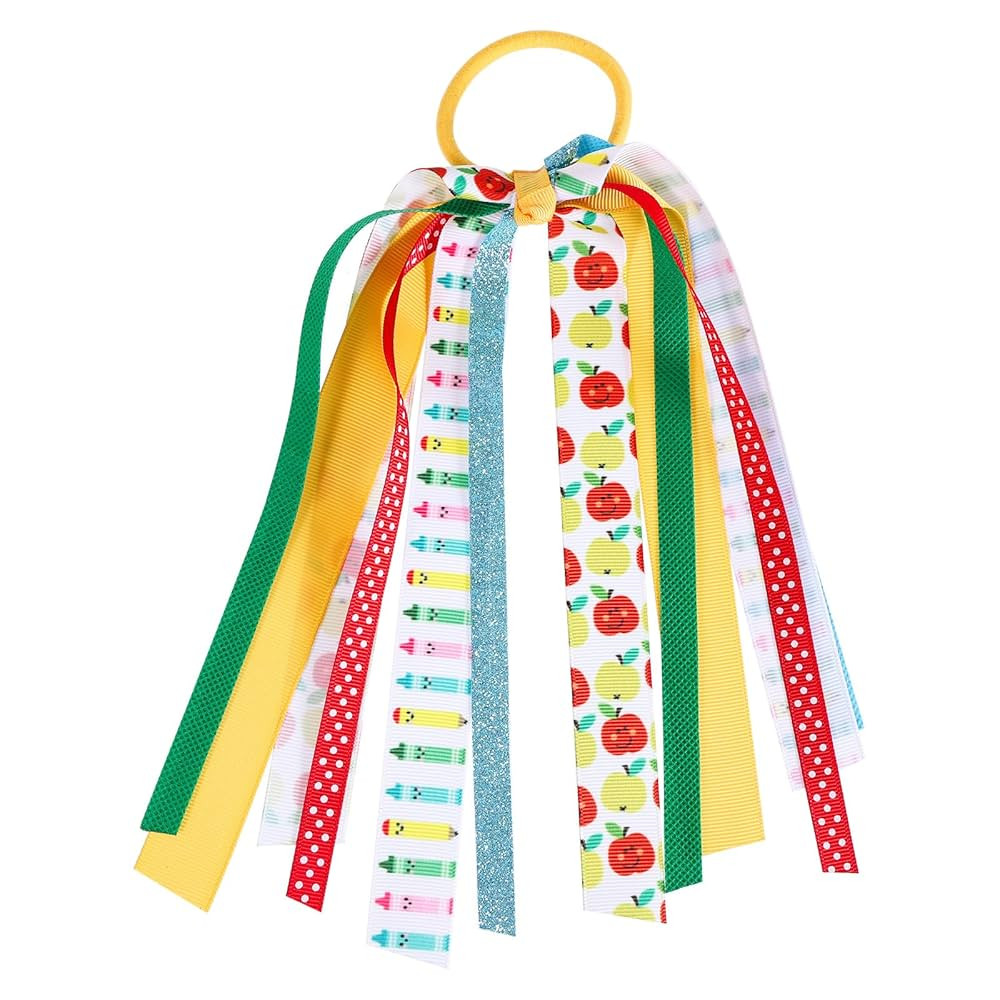 Back to School Ponytail Hair Ribbon Streamer Handmade Pigtail Pony Holder Elastic Hair Ties Bands... | Amazon (US)