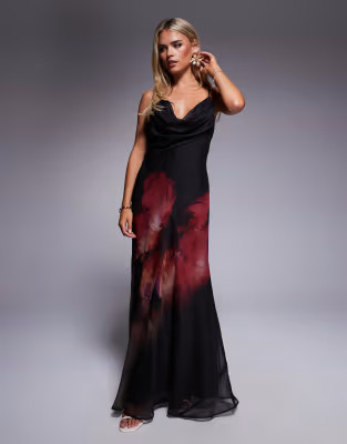 ASOS DESIGN Petite cowl neck plunge maxi dress with back detail in pink placement floral print | ... | ASOS (Global)