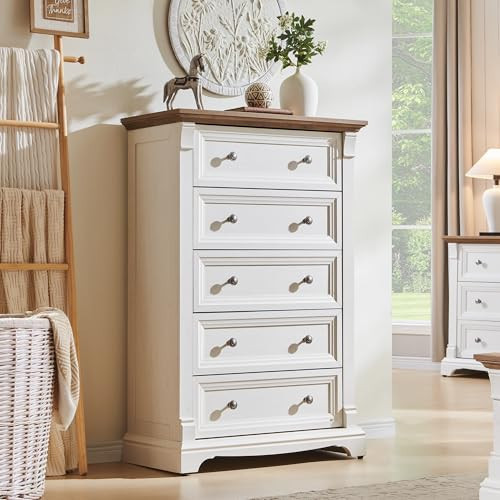 T4TREAM Farmhouse 5 Drawer Dresser for Bedroom, 47" Tall Wood Dresser with Ample Storage Space and Rustic Charm, Antique White | Amazon (US)