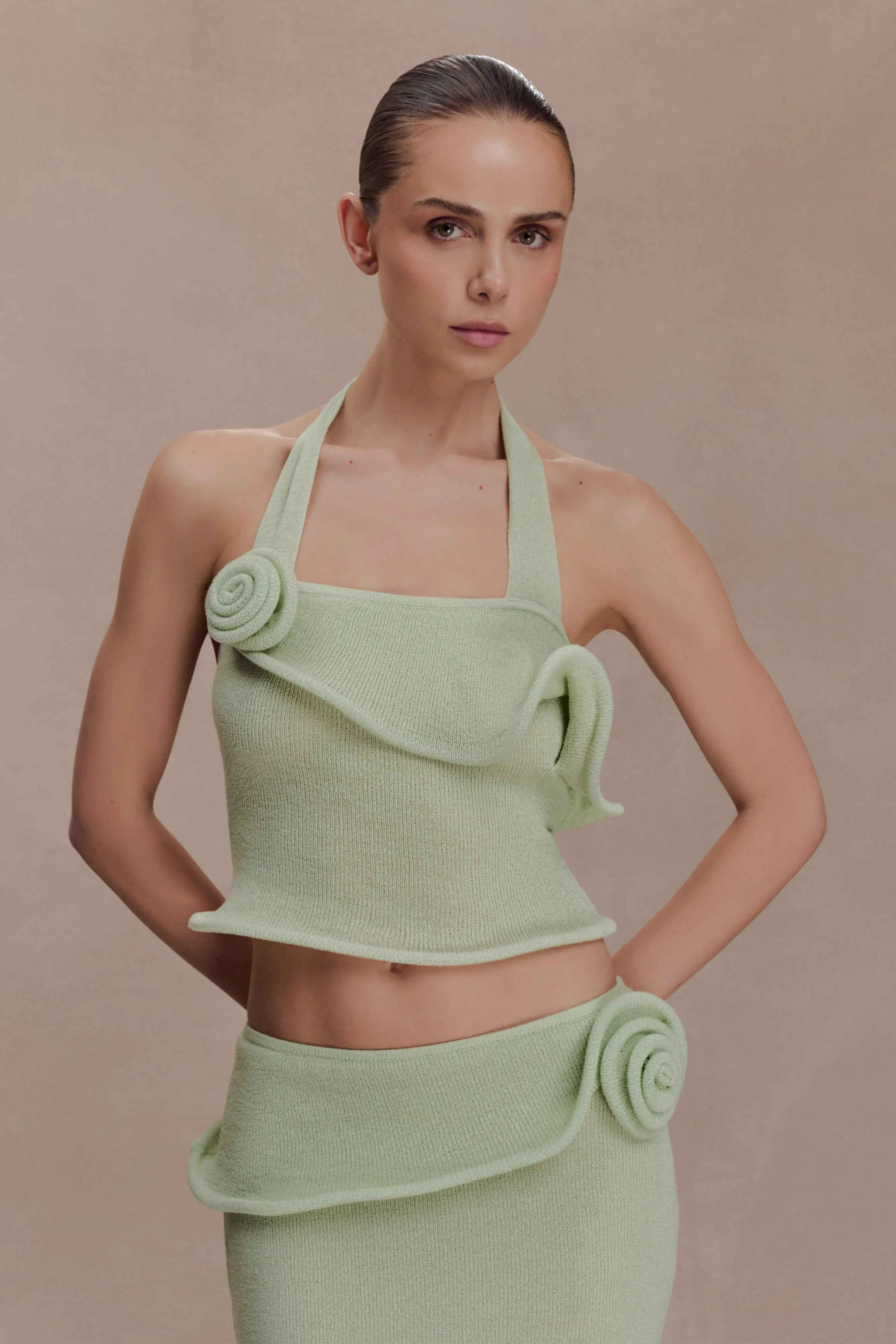 Samira Halter Knit Twist Top - Pastel Green | Meshki UK