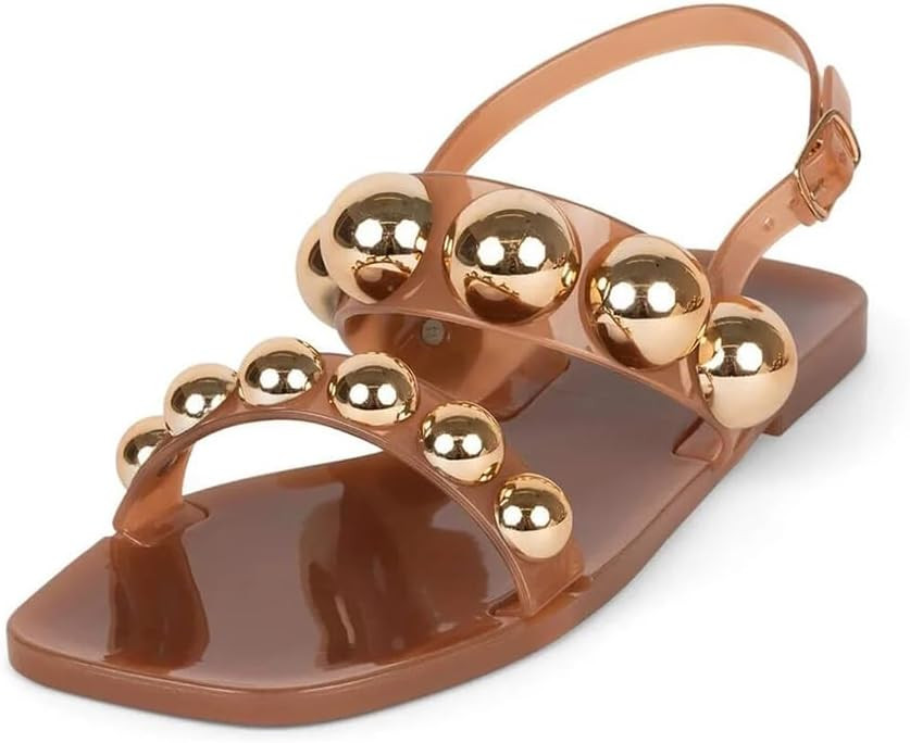 Jelly Slingback Flats for Women Studded Clear Square Open Toe Slip on Sandals Summer Beach Flip F... | Amazon (US)