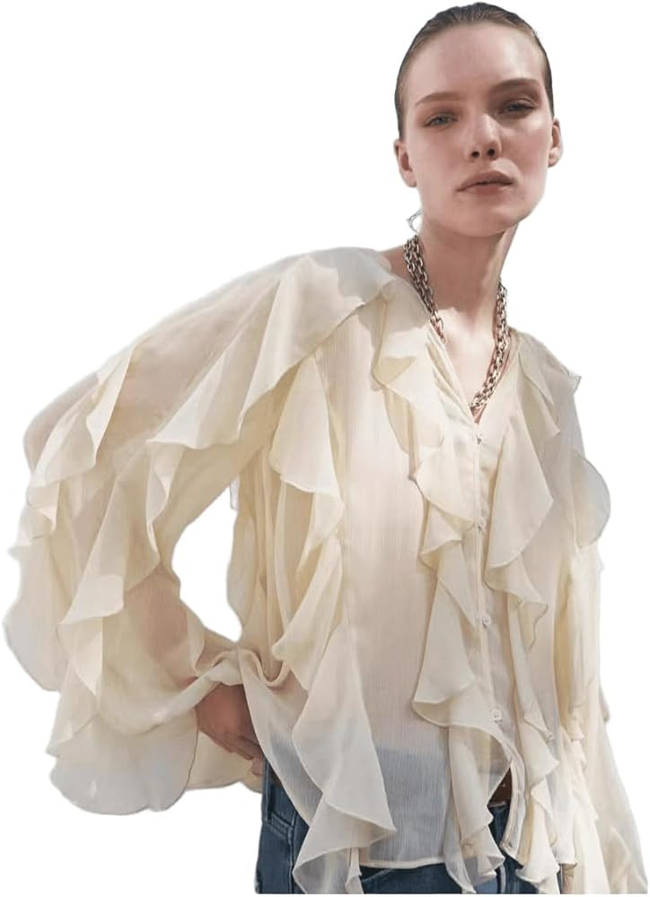 Women's V-Neck Pleated Front Long Sleeved Shirt with Ruffle Collar, exuding a Stylish Flying Slee... | Amazon (US)