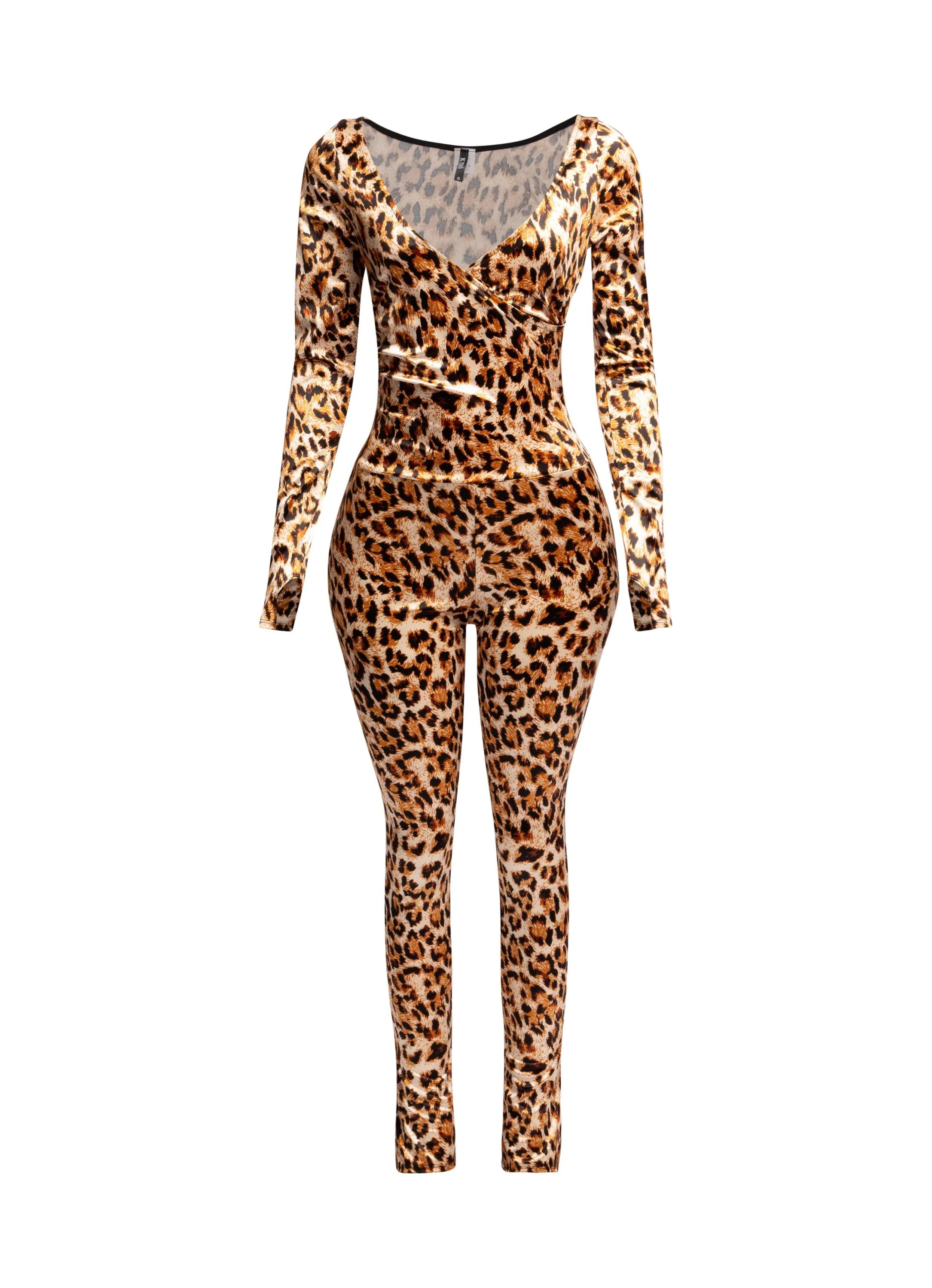 Leopard deep V neck long sleeve jumpsuit - LEOPARD / M | Bogomore