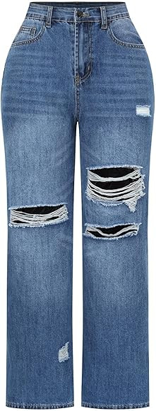 THUNDER STAR Womens High Waisted Wide Leg Jeans Stretchy Distressed Denim Pants | Amazon (US)