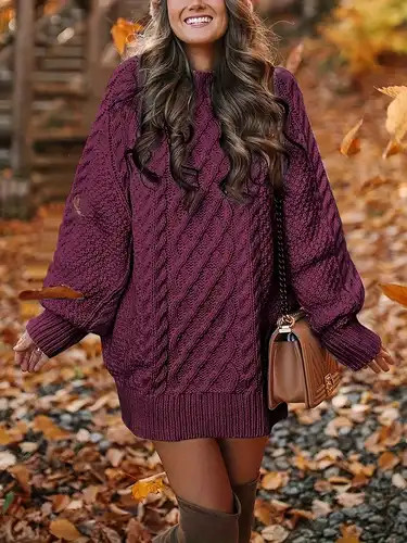 Cable Knit Sweater Dress, Casual Solid Long Sleeve Dress, Women's Clothing | Temu Affiliate Program