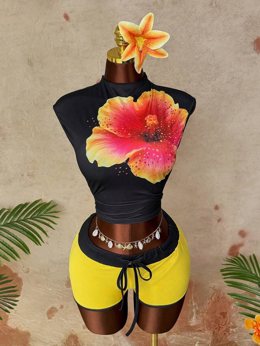 Sunspun Women's Spring/Summer Knit Sexy Outfit, Short Sleeve Top And Shorts | SHEIN USA | SHEIN