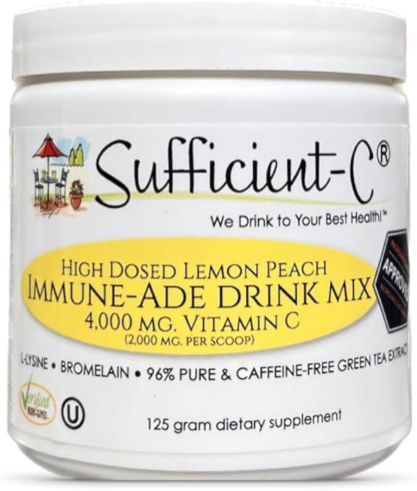 Sufficient-C High Dose Non-GMO Vitamin C Lemon Peach Immune-Ade Drink Mix, Convenient 125 Gram Si... | Amazon (US)