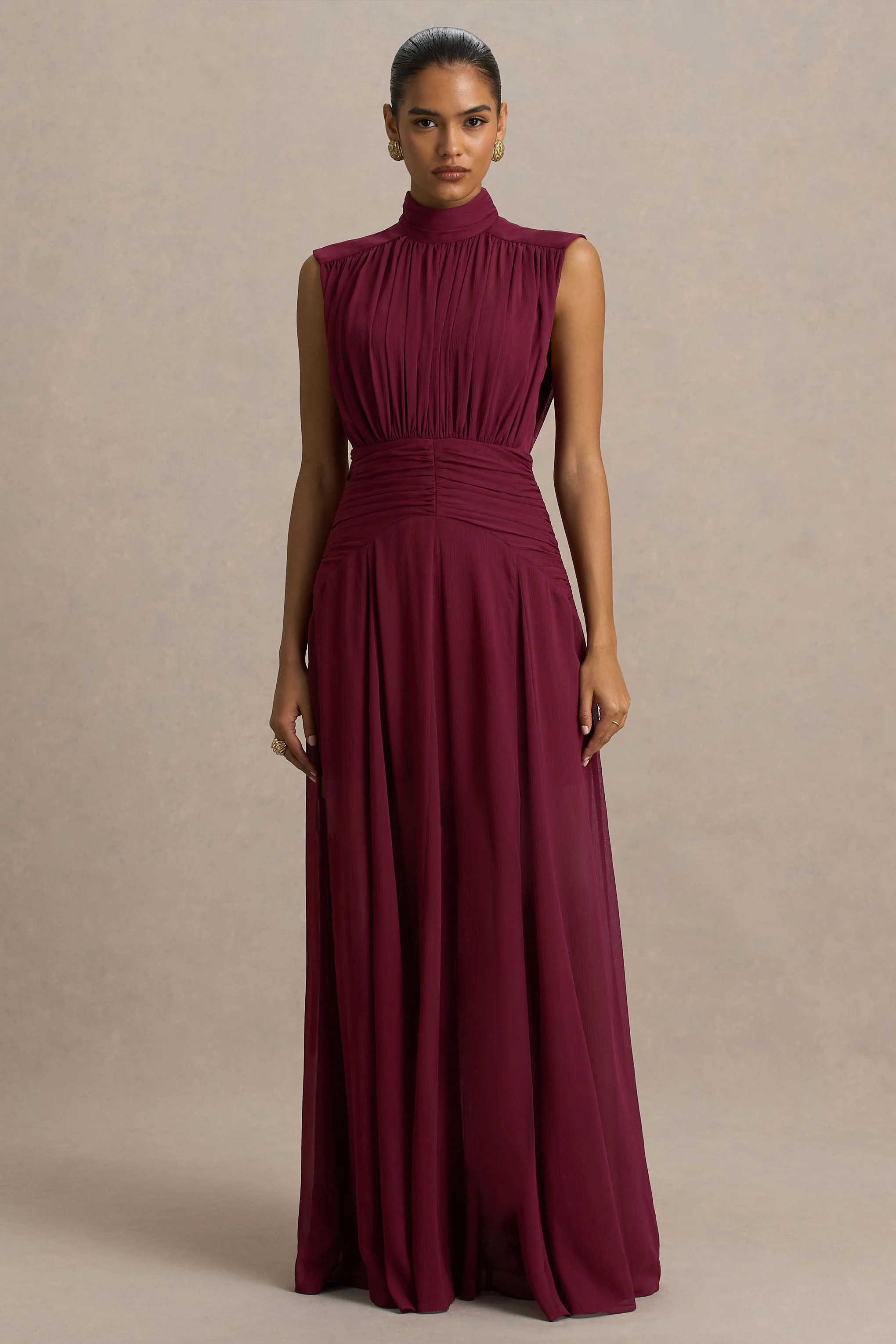 Melanina | Burgundy High-Neck Maxi Dress With Ruched Detailing | Club L London
