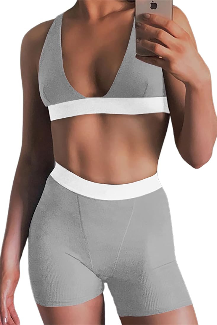 Kafiloe Women 2 Piece Workout Outfit Ribbed Deep V Neck Bra High Waist Bodycon Yoga Short Sets Gy... | Amazon (US)